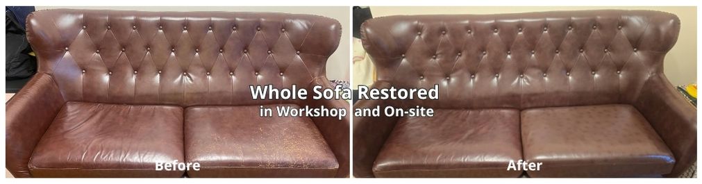 Hybrid case: cushions at workshop plus sofa body repaired on site, before and after - Furniture Clinic Hong Kong